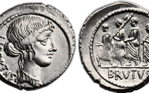 Denarius (42 BC) issued by Cassius Longinus and Lentulus Spinther, depicting the crowned head of Libertas, with a sacrificial jug and lituus on the reverse. Source: https://www.numisbids.com/sales/hosted/heritage/3019/image23328.jpg