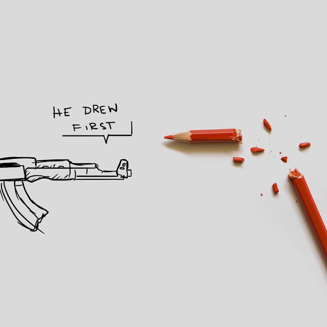 "He drew first." #JeSuisCharlie #CharlieHebdo Quelle: http://instagram.com/p/xjr675J-MQ/